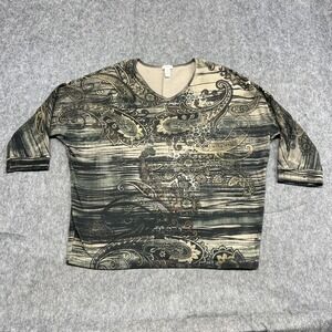 Chicos Shirt Womens Large 2 Beige Paisley V-Neck 3/4 Sleeve Stretch Made USA